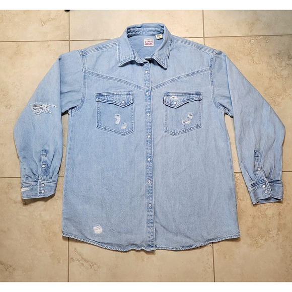 Levis Denim Pearl Snap Med. Distressed Western Shirt Jacket Shacket Men's C10 - Picture 1 of 16